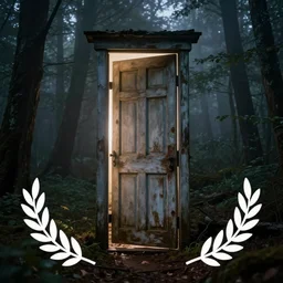 an old door where light comes from, in a dense forest, in the middle of the night, fog, realistic