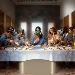the last supper in gas masks, hyperrealistic, volumetric golden dappled dynamic lighting, highly detailed, sharp focus, elegant, by michael komarck, victo ngai