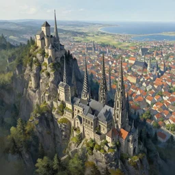 an ultra detailed matte landscape painting of an german gothic capital city built into the side of a mountain with many tall spirally towers, sweeping vista, tiny coastal fishing village very far away, ultrawide lens, aerial photography, 8 k, volumetric lighting, smooth, highly detailed, digital illustration, art by greg rutkowski and akira toriyama and artgerm