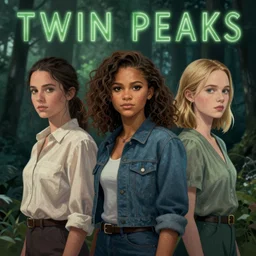 Twin Peaks poster artwork by Michael Whelan and Tomer Hanuka, Rendering of Zendaya, Maisie Williams and Jennifer Connelly standing in a row from scene from Twin Peaks, full of details, by Makoto Shinkai and thomas kinkade, Matte painting, trending on artstation and unreal engine