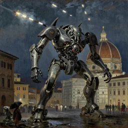 a gigantic mech attack with missiles piazza della repubblica in firenze, night, rain, oil paint by william - adolphe bouguereau
