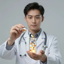acid color portrait of a doctor holding a jar of illuminated pills floating inside