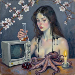 black drips, portrait of a female art student, scientific glassware, oscilloscope, x - ray, sensual, sweet almost oil, almond blossom, squashed berries dripping, octopus, candlelight, neo - impressionist, surrealism, acrylic and spray paint and oilstick on canvas