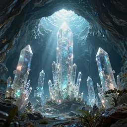 a massive underwater cave system set in horizon zero dawn 2, crystal monoliths, refraction and reflection, translucent, iridescent, epic fantasy, colorful, digital art, vibrant colors, artstation, concept art, detailed illustration, digital art, greg rutkowski, dan mumford, studio ghibli,