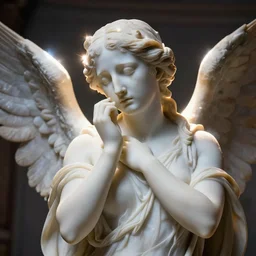 artistic portrait of a female marble statue, art by alessio albi 8 k ultra realistic, crying, lament, wings, lens flare, atmosphere, glow, detailed, intricate, full of color, led lighting, trending on artstation, 4 k, hyperrealistic, 3 5 mm, focused, extreme details, unreal engine 5, masterpiece