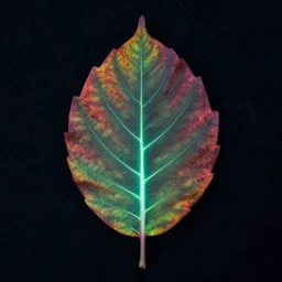realistic photo of a one big multi colored glowing leaf in dark textured background, full leaf is visible, very sharp focus, in the style of greg rutswoski, very hyper realistic, highly detailed, fantasy art station
