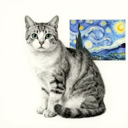 coloured charcoal drawing of a cat, mc escher and van gogh