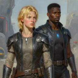 a white blonde male time traveling with a time black male traveler, futuristic, scifi, fantasy, highly detailed painting by rachel walpole, digital painting, hq, high quality