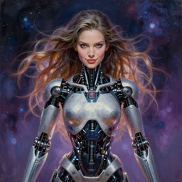 perfectly centered portrait, front view of a beautiful biomechanical android alien robot, female, flowing hair, intense stare, sarcastic smile, symmetrical, concept art, intricate detail, volumetric shadows and lighting, cosmic background, realistic oil painting by alex grey,