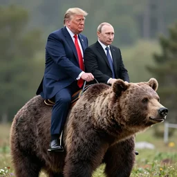 a beautiful photo of donald trump and vladimir putin and riding a bear, intricate details, photography, volumetric light, 8 k