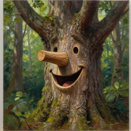 a talking tree, a smiling face in the bark, nose made of wood, mouth in the bark, fantasy concept art, oil painting, hyperrealistic, highly detailed, artstation, cgsociety, in the forest