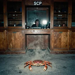 cursed Photograph of an old number station playing an emergency warning, dust in the air, brown wood cabinets, SCP, taken using a film camera with 35mm expired film, bright camera flash enabled, award winning photograph, sleep paralysis demon crabwalking towards camera, creepy, liminal space, in the style of the movie Pulse