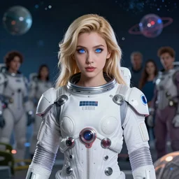 studio portrait of an absurdly beautiful japanese female goddess with blonde hair and glowing royal blue eyes in luxurious space suit in a scenic multiversal environment by james jean, amano yoshitaka, marc simonetti, jean giraud, martine johanna, josan gonzalez, peter mohrbacher, smooth, sharp focus