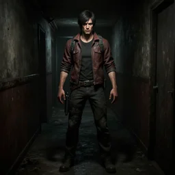 joshua graham standing in a dark hallway, resident evil, horror, fallout new vegas, unreal engine, 8 k, ray tracing