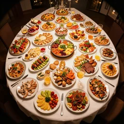 matte painting of a fisheye view of a gigantic table with a banquet of delicious food of many colors and flavors, by greg rutkowski, trending on artstation, high quality, global light, tilt shift