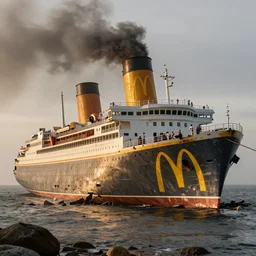 a derelict immense McDonald's brand vacation cruise liner oceanliner ship with yellow golden arches logo and tall smoke stacks crashed and broken on a deserted island, moored, fast food restaurant color scheme, golden arches, golden hour, thick black smoke billowing, overcast, dystopian, bad vibes, photorealistic, sharp focus, hyper detailed, in the style of simon stalenhag