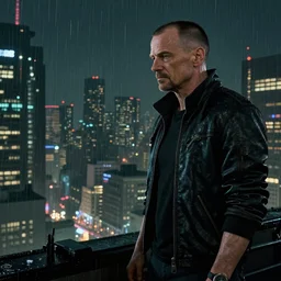 walter white in cyberpunk2077 admiring the view of nightcity at night, rain