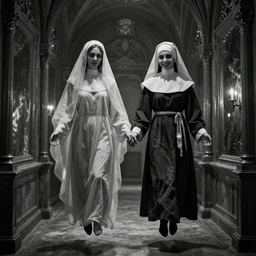 nightmare vision, black and white, award winning photo, levitating twin nuns, wearing translucent sheet, Mary in a sanctuary, mirror hallways, eerie, frightening, holding hands, smiling —width 1024 —height 1024