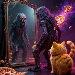 beautiful digital fantasy illustration of a creepymania creature standing in front of a mirror, concept art by Alex Horley-Orlandelli, scary, dark, fantasy, renderman render, 3D, photorealistic, concept art, complementary color, vibrancy color, high detail texture, unreal engine, 8k, samurai pizza cats, pizza cosmos, pizza universe, vivid, intense, Photographic quality, ultra hyper realistic quality, 8k definiton, hyper-realistic, cinematic, cinematic lighting