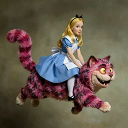 Alice in Wonderland riding on the back of a giant flying Cheshire cat by Salvador Dali, dramatic lighting lighting