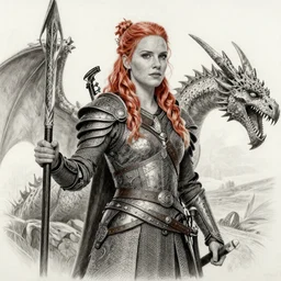 hyper realistic pencil drawing of Christina Hendricks as a viking princess, intricate detail, beautiful, battle armor, war, fight, light, dragon, bright color palette