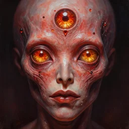 close up sci - fi cosmic horror art simon stalenhag massacre eyes, red amber and diamond skin, elegant, highly detailed, centered, digital painting, concept art, smooth, sharp focus, illustration, artgerm, tomasz alen kopera, peter mohrbacher, donato giancola, joseph christian leyendecker, wlop, frank frazetta