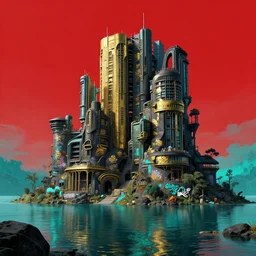 photo hyper realistic concept art house solarpunk in the funny big lake, gold graffiti style futuriste brutalism, red and black turquoise ratio, octane render excellent composition style alphosne mucha