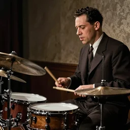 1940's Jazz musician playing drums, photorealistic art, hd, 8k, cinematic lighting, intricate details, high definition