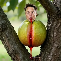 elon musk as a ripe fruit leaking red juice, growing from tree