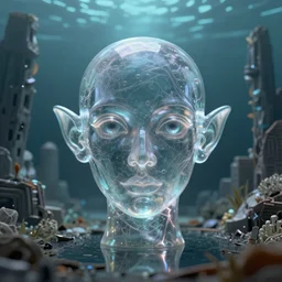 3D render of an single miniature beautiful transparent eldrich in front of a gigantic city ruined underwater environment,  omnious , elegant,  reflections, focus, detailed, realistic eyes, horizontal partial symmetry features proportions, intricate facial skin details, award winning, trending in cgsociety artstation deviant art, octane render