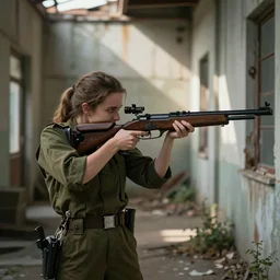 amelia Clarke aiming a rifle in a derelict alley, attire: army,