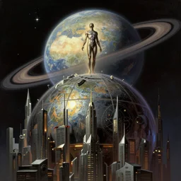an extremely detailed low angle masterpiece epic color scene of a humanoid looking up at a dome covered futuristic city on an earth like planet with a ringed planet and stars background, in the style of frank frazetta, elegant, highly detailed, digital painting, artstation, cinematic lighting, extremely moody lighting, glowing light and shadow, 4 k