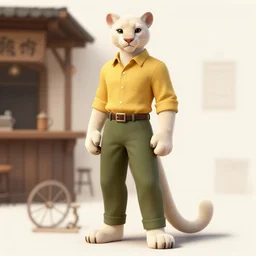 beautiful full-body portrait commission of a [male furry anthro!!! albino mountain lion] [wearing a yellow button-down shirt, olive green slacks] [in a Old-timey saloon]. Atmospheric. Renowned character illustration by greg rutkowski, thomas kindkade, alphonse mucha, loish, norman rockwell. detailed, inked, western comic book art