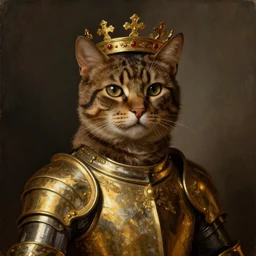 a portrait of a brown cat with a golden armor and a crown, oil painting in a renaissance style , very detailed, painted by Artemia Gentileschi , Caravaggio, Titian, Rembrandt.