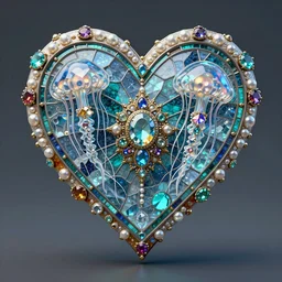 steampunk shyny pearled centered symmetrical heart with multicolored gems, jellyfish, glass, ice. by casey baugh, by rembrandt, mandelbulb 3 d, turquoise rust, stained glass