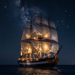 an extremely colorful detailed masterpiece of the sailing vessel constitution tall ship under sail at night under the milky way galaxy and other stars, in the style of george philip reinagle, epic scene, extremely moody lighting, glowing light and shadow, atmospheric, shadowy, cinematic, 4 k