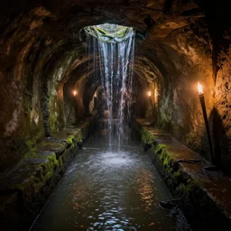 inside the ancient flooded sewers in the old part of the city. dripping water, standing water, channel, stagnant water, waterfall, rivulets, musty, moss, sewage, dark, underground, abandoned spaces, torch - lit.