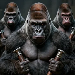 frightening gorillas portrait, weapons in hand, art by artgerm, wlop, loish, ilya kuvshinov, tony sandoval. 8 k realistic, hyperdetailed, beautiful lighting, detailed background, depth of field, symmetrical face
