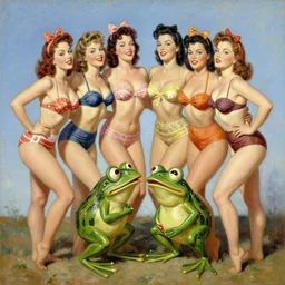 1940s group of pinup bikini girls wrestling pepe the frog, oil painting, by Gil Elvgren