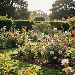 rose garden in the morning sun, garden design, award winning by henrietta rae and raphael and moebius