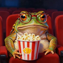 hyper realistic oil painting of a fat toad wearing anachrome! glasses in the cinema, bucket of popcorn, vibrant colors, high contrast, by greg rutkowski, trending on artstation