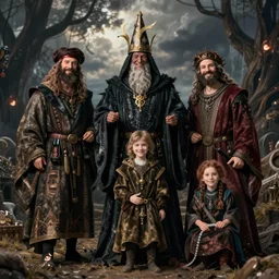 hyper realistic photography of happy medieval necromancer family