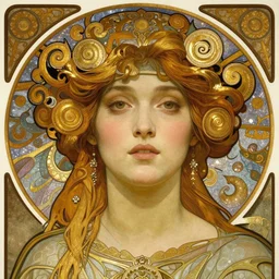 realistic detailed face portrait of a beautiful Celestial Goddess of Night by Alphonse Mucha, Greg Hildebrandt, and Mark Brooks, gilded details, spirals, Neo-Gothic, gothic, Art Nouveau, ornate medieval religious icon