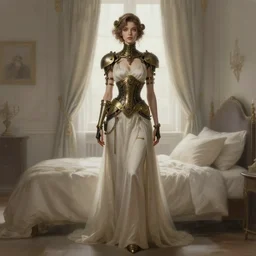 woman model, steampunk!!! and modern, neutral colors, in a bedroom!!!!!!!!!, backlit, elegant, highly detailed, digital painting, artstation, concept art, smooth, sharp focus, illustration, art by krenz cushart and artem demura and alphonse mucha
