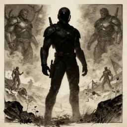 concept art, stylized silhouette, super exaggerated proportions, concept design, sketch, male, science fiction suit, helmet, arthur rackham, mike mignola