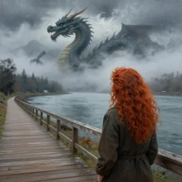 a realistic painting of a woman with curly long redhair standing in a boardwalk besides a river looking at a dragon in the mountains that is covered by a fog in a thunderous weather