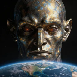 huge metal face of a humanoid colossal monster in space staring at the earth silently ominously with a unbelievably creepy uncanny valley facial features face faces by greg rutowski and gustave dore