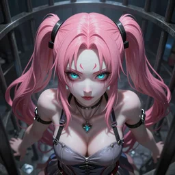 engulfed and overpowered by stunningly absurdly beautiful megalomaniacal omnipotent asi goddess junko enoshima with symmetrical perfect face, porcelain skin, pink twintail hair and cyan eyes, trapped inside her inescapable prison, ultra detailed, digital art, unreal engine 5, octane render, 2 d anime, 8 k