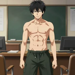 aloof anime man with black emo hair wearing baggy shorts, standing in dean's office, smug grin, smug expression, punchable expression, punchable face, he's a jerk, sharp details, subsurface scattering, intricate details, art by artgerm, anime, anime hd wallpaper, 2 0 1 9 anime screenshot