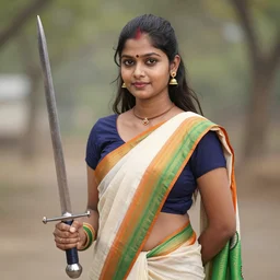 High quality portrait of a young Indian shieldmaiden, wearing a sari with the colours of the Indian flag, holding a sword, high quality, 4k, trending on ArtStation